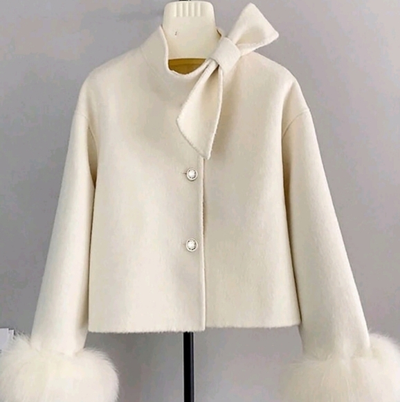 Jackets & Blazers - Women Elegant Solid Color Overcoat With Fur Cuff & Bow Decor, Autumn/Winter